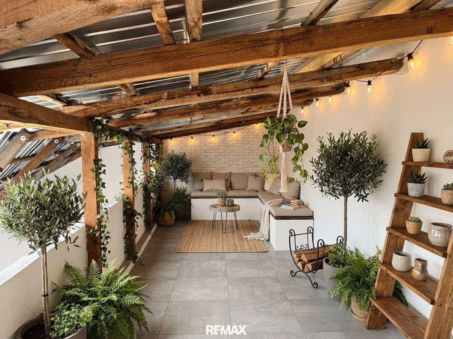 Gemütliche überdachte Terrasse mit Sitzgelegenheiten, vielen Pflanzen und Lichterketten.