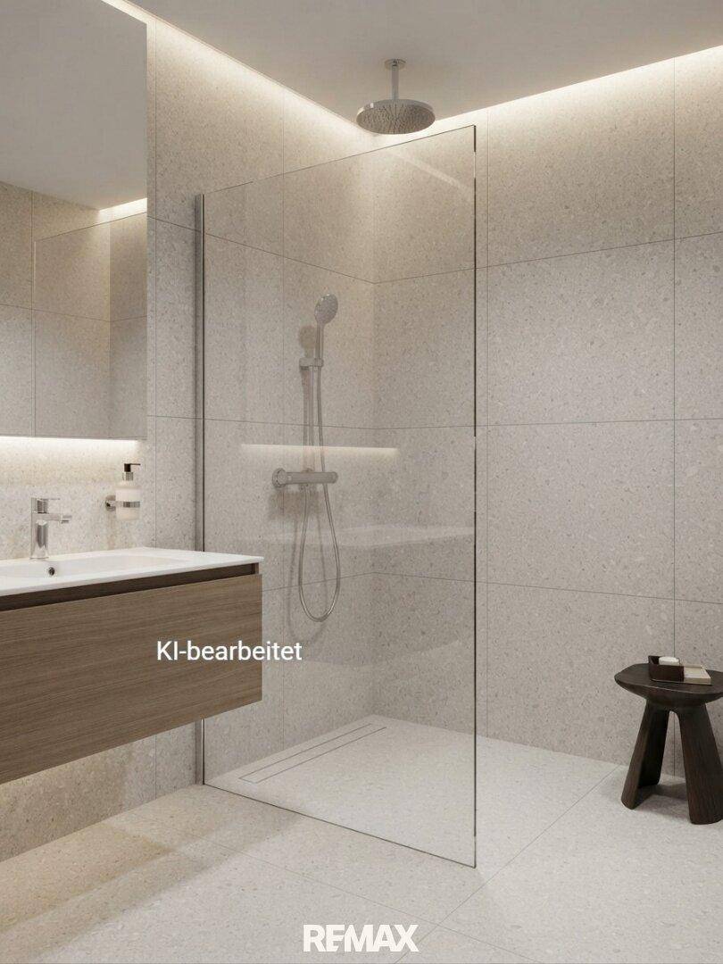 KI-bearbeitetes, modernes Badezimmer mit begehbarer Dusche, schwebendem Waschtisch und Regenbrause.
