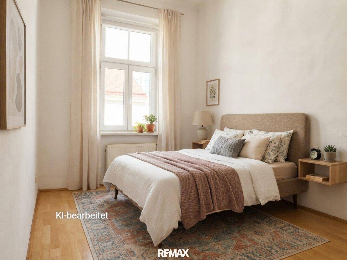 KI-bearbeitetes Schlafzimmer mit bequemem Bett, Nachttischen und einem Fenster mit Vorhängen.