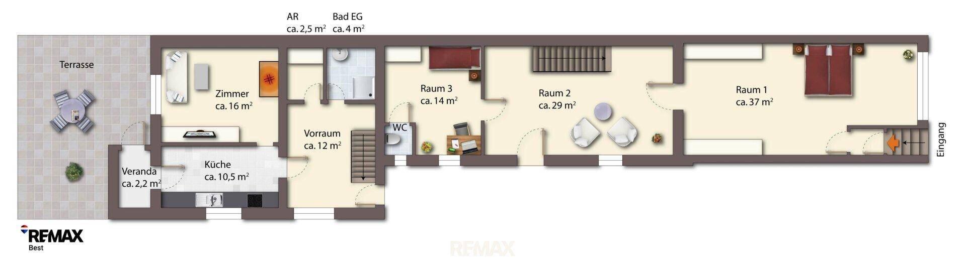 Grundriss des Erdgeschosses mit Terrasse, Küche, Bad, WC und mehreren Zimmern.