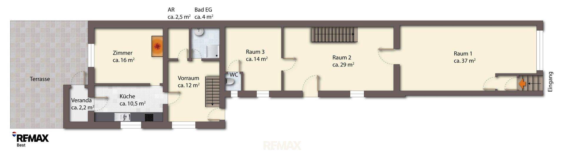 Grundriss des Erdgeschosses mit Terrasse, Küche, Bad, WC und mehreren Zimmern, ohne Möblierung.