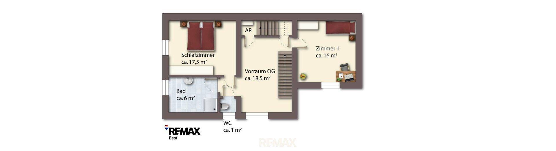 Grundriss des Obergeschosses mit zwei Schlafzimmern, einem Badezimmer und separatem WC.