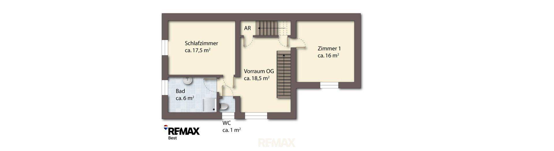 Grundriss des Obergeschosses mit zwei Schlafzimmern, Bad und WC, ohne Möblierung.