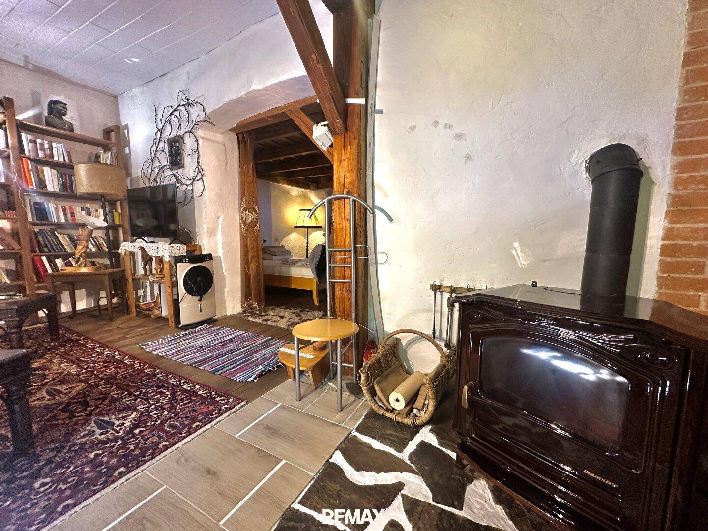 Wohnzimmer mit rustikalem Holzofen, Teppich und Blick auf ein angrenzendes Schlafzimmer.