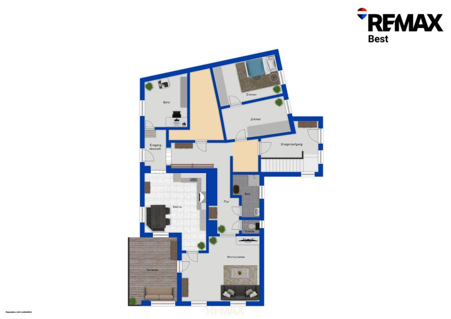 Farbiger Grundriss des Erdgeschosses mit Terrasse, Küche, Wohnzimmer und Büro.