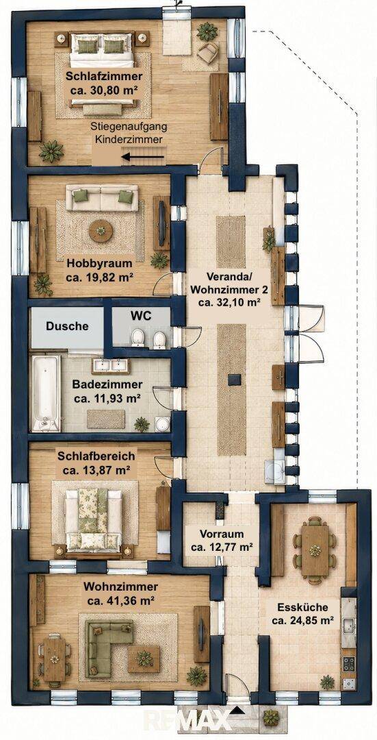 Detaillierter Grundriss mit mehreren Zimmern, Veranda und Essküche auf einer Ebene.
