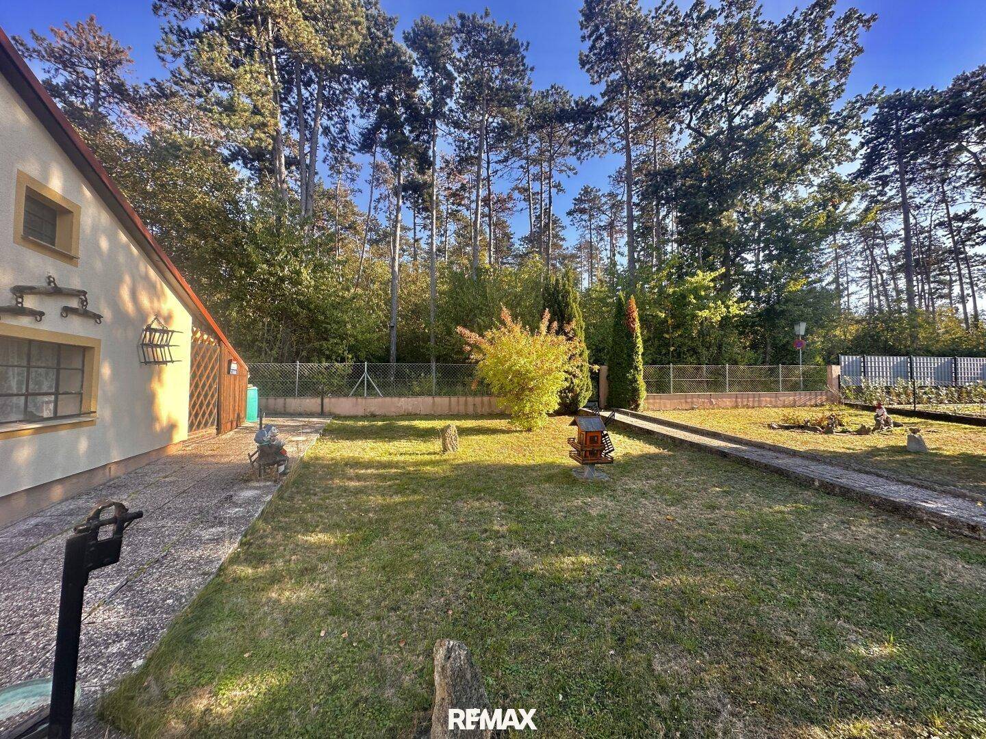 Großer Gartenbereich neben dem Haus mit Rasen, Bäumen und einem Steinweg.
