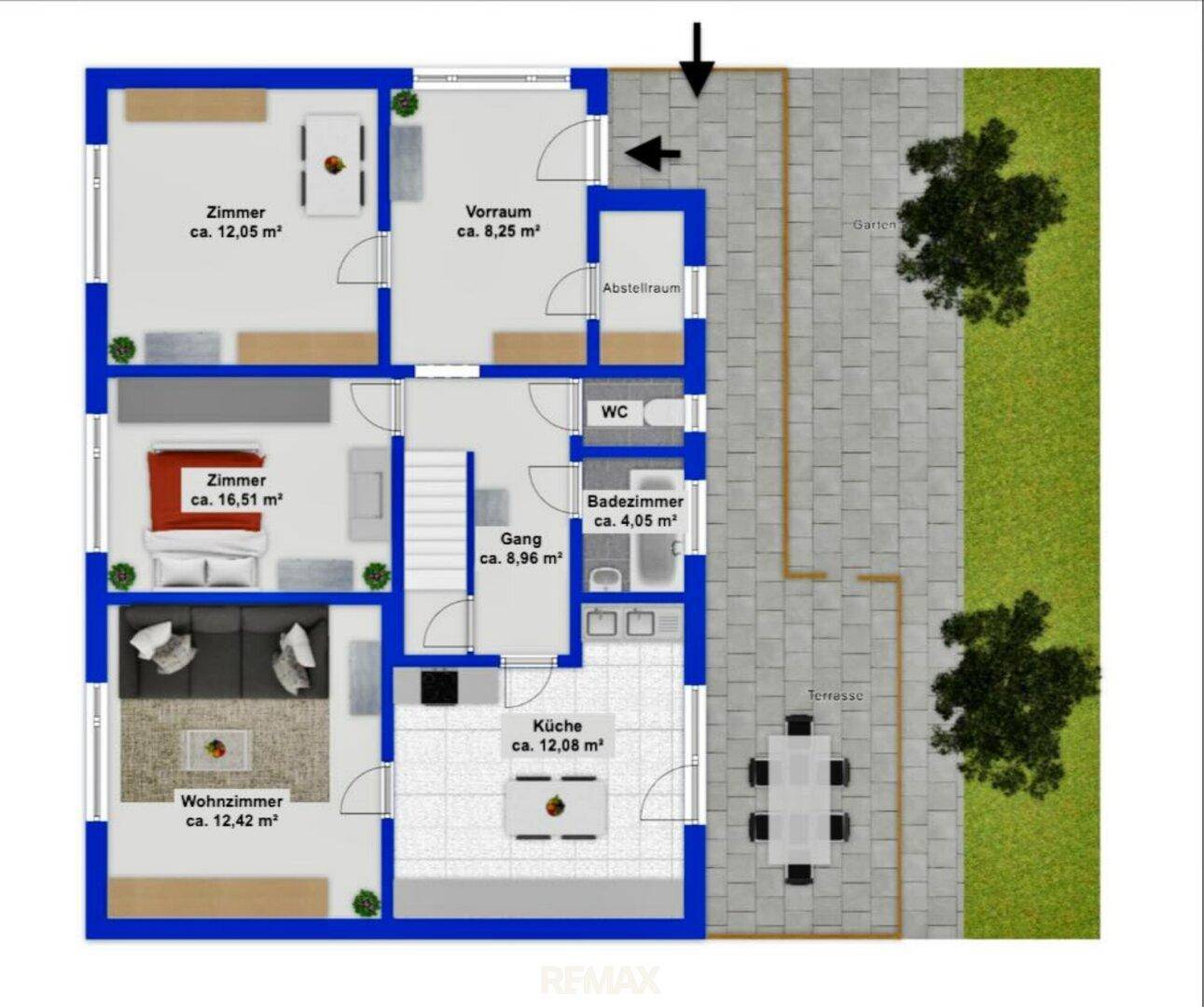 Grundriss des Erdgeschosses mit Küche, Wohnzimmer, Bad und Zugang zur Terrasse.