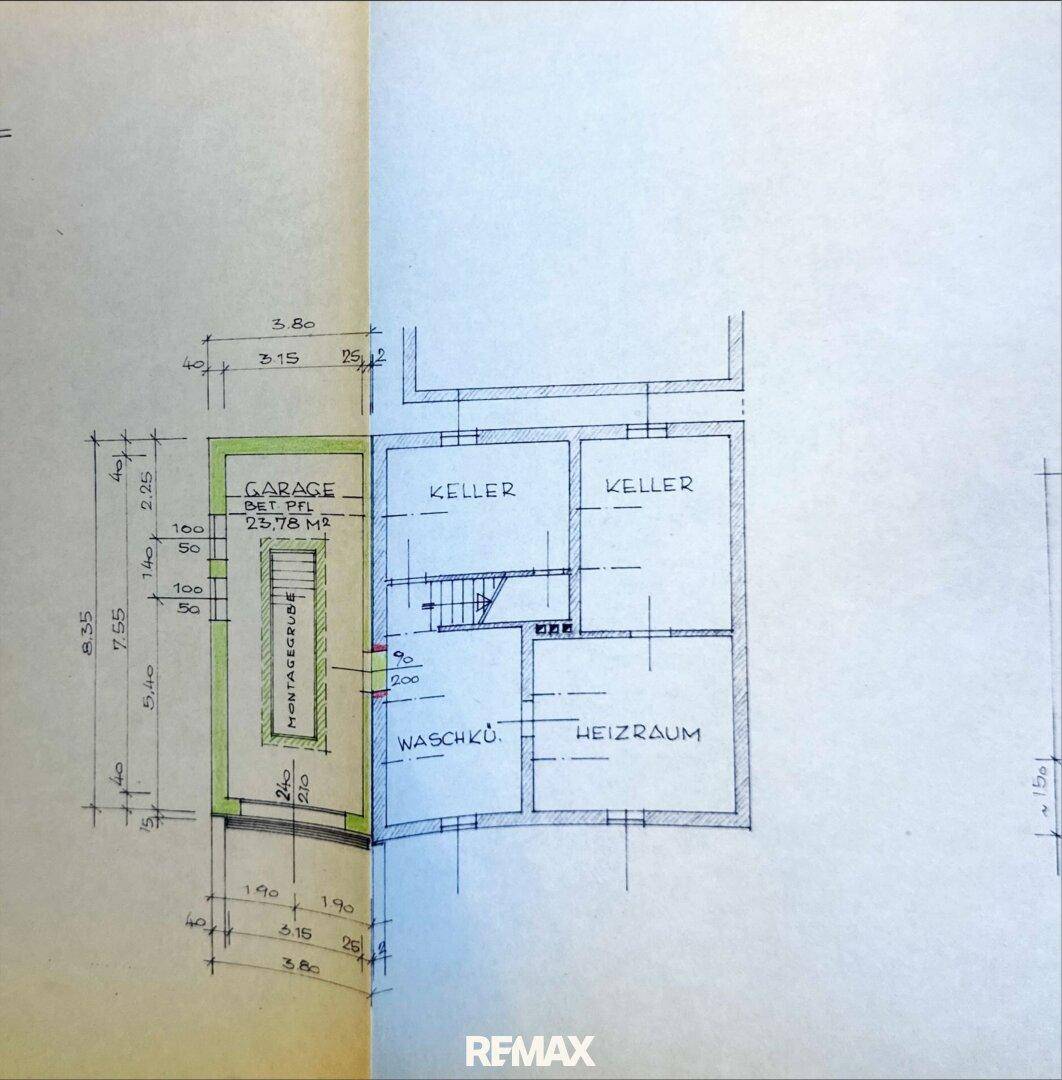Handgezeichneter Kellergrundriss mit Garage, Waschküche, Heizraum und zwei Kellerräumen.