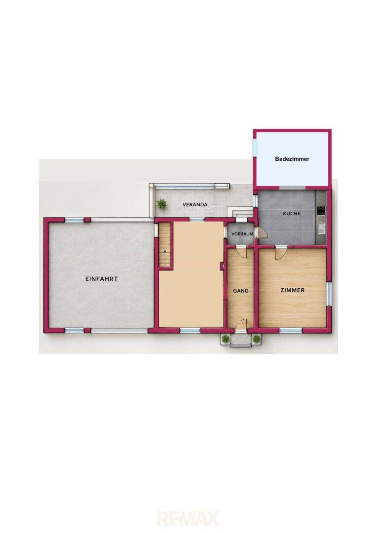 Grundriss des Erdgeschosses mit Garage, Veranda, Küche, Bad und Zimmern.