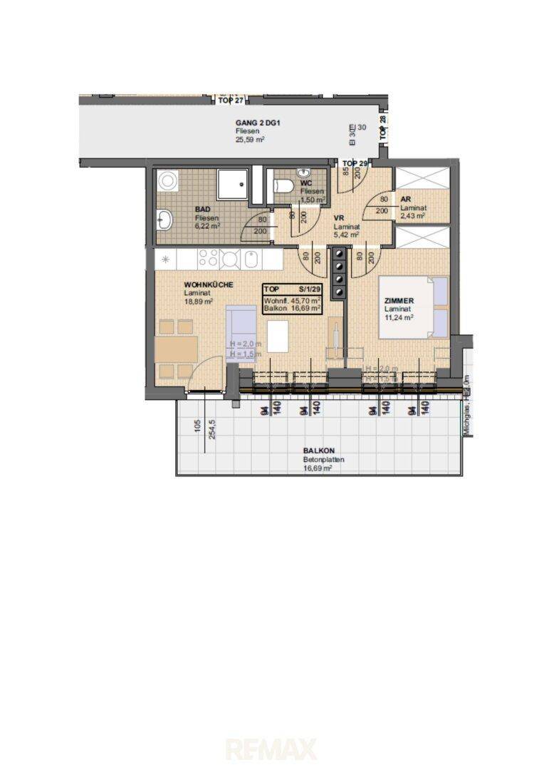 Grundriss der Wohnung mit Wohnküche, Schlafzimmer, Bad, WC und Balkon.