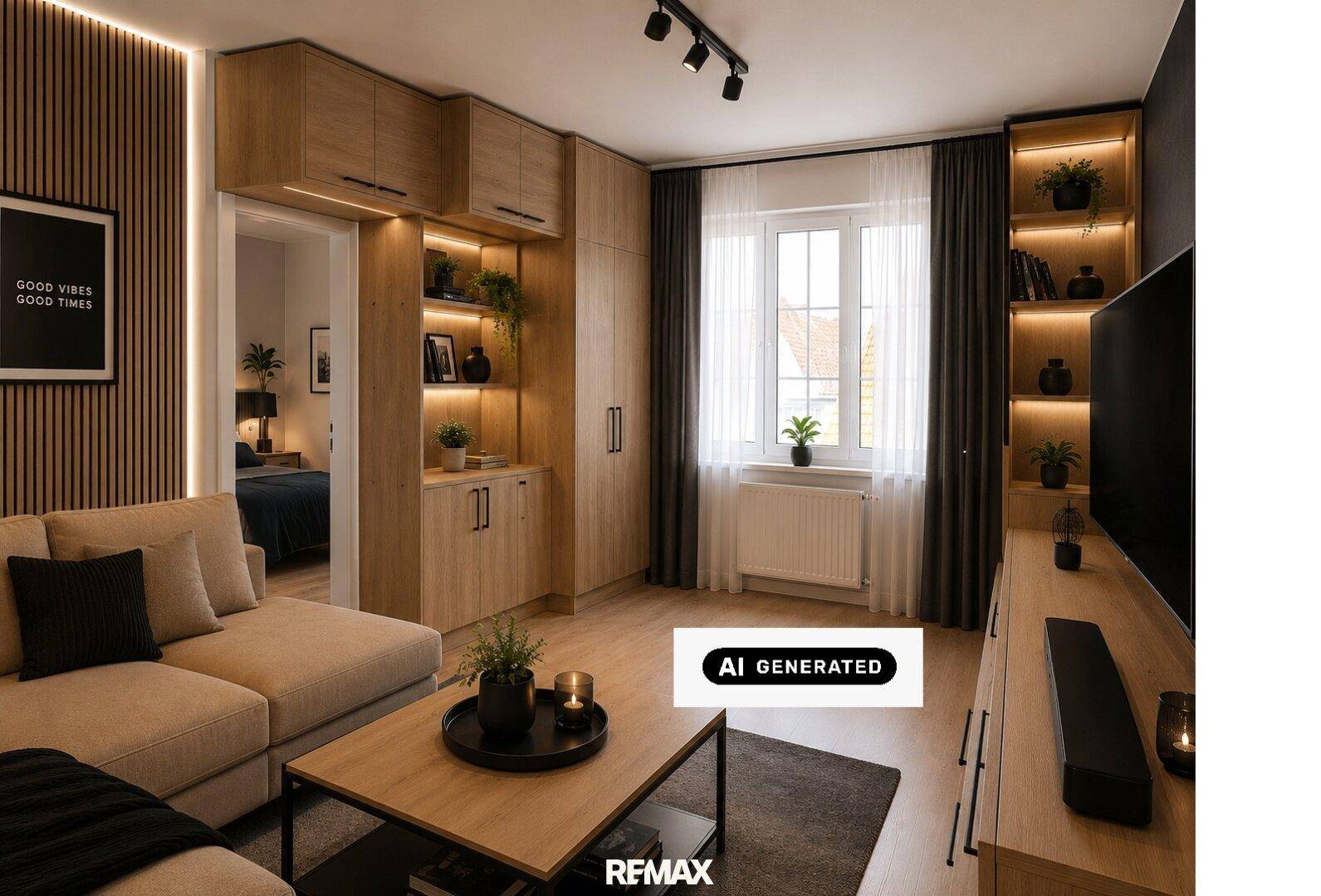 Modernes Wohnzimmer mit beigem Ecksofa, Holzeinbauten und Blick in ein angrenzendes Schlafzimmer.