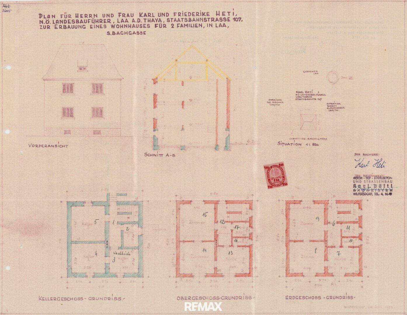 Historischer Grundrissplan des Wohnhauses mit Keller-, Ober- und Erdgeschoss.