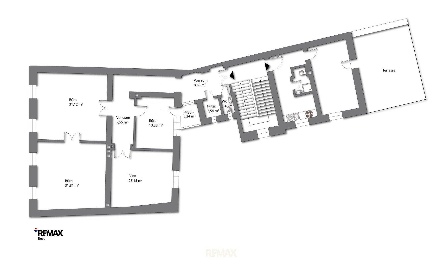 Grundrissplan einer Etage mit Büroräumen, Loggia und Terrasse.