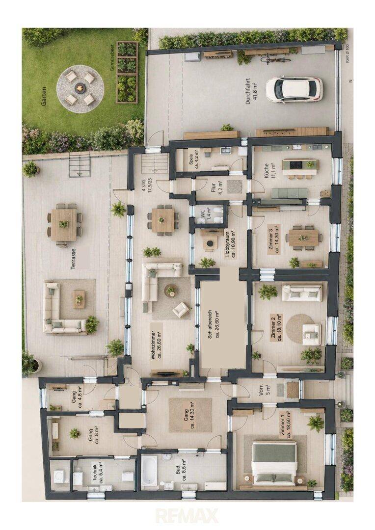 Detaillierter Grundriss einer Wohnung mit Garten, Terrasse, mehreren Zimmern und Parkmöglichkeiten.