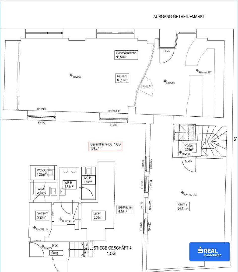 Grundrissplan eines Gewerbeobjekts mit mehreren Räumen, separaten Toiletten und einer internen Stiege.