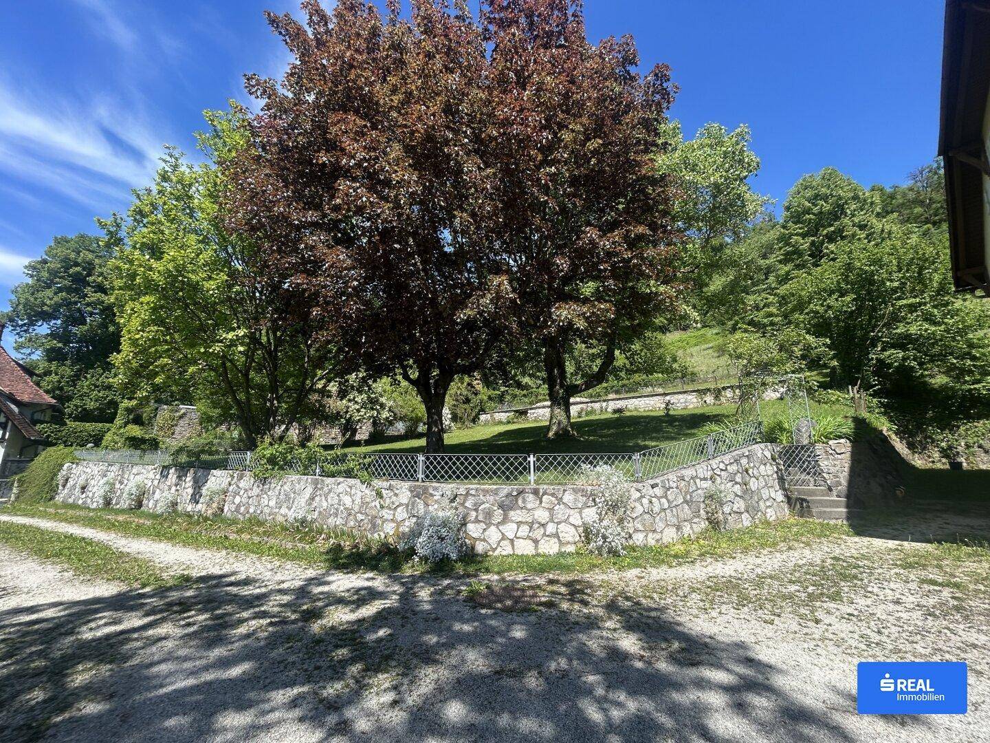 Gepflegter Gartenbereich mit großen Bäumen und einer Steinmauer unter strahlend blauem Himmel.