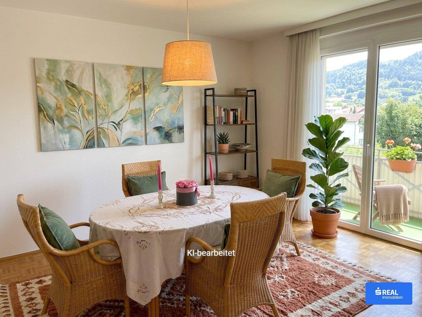 Heller Essbereich mit Korbstühlen, Blick auf die Berge und Zugang zum Balkon.