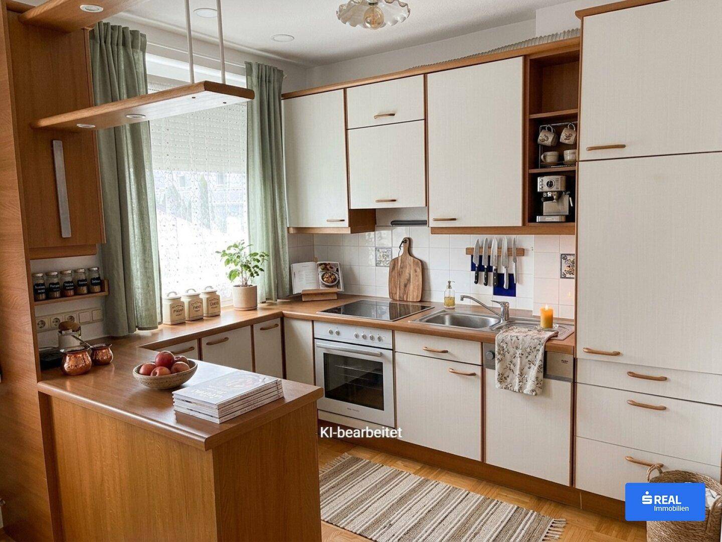 Gemütliche Küche mit weißen Schränken, Holzelementen und praktischer Ausstattung.