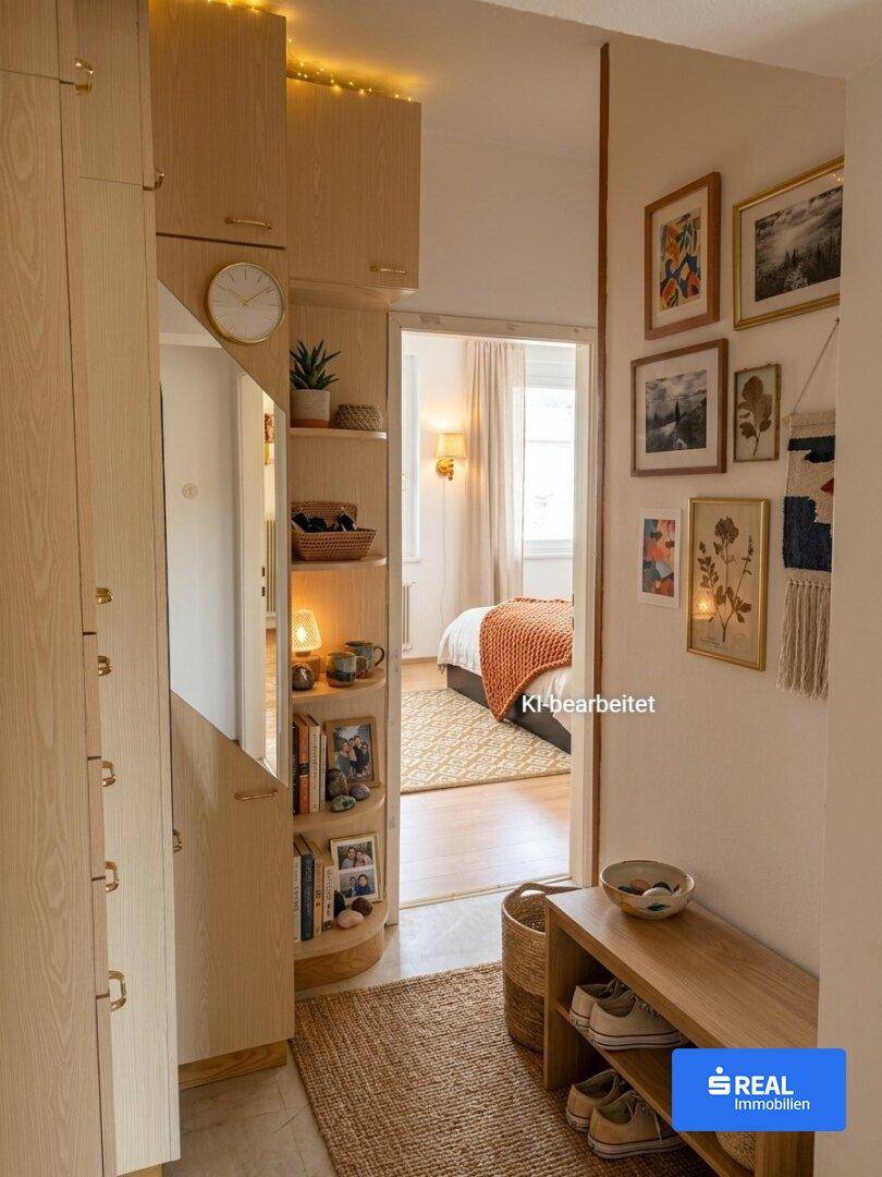 Heller Flur mit Einbauschränken, Spiegel und Zugang zu einem Schlafzimmer.