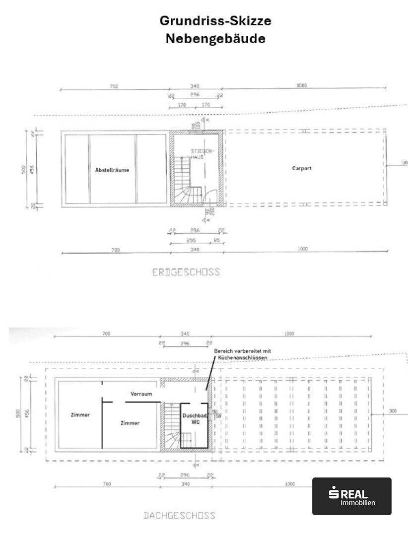 Grundriss-Skizze eines Nebengebäudes mit Carport, Abstellraum und Zimmern im Dachgeschoss.