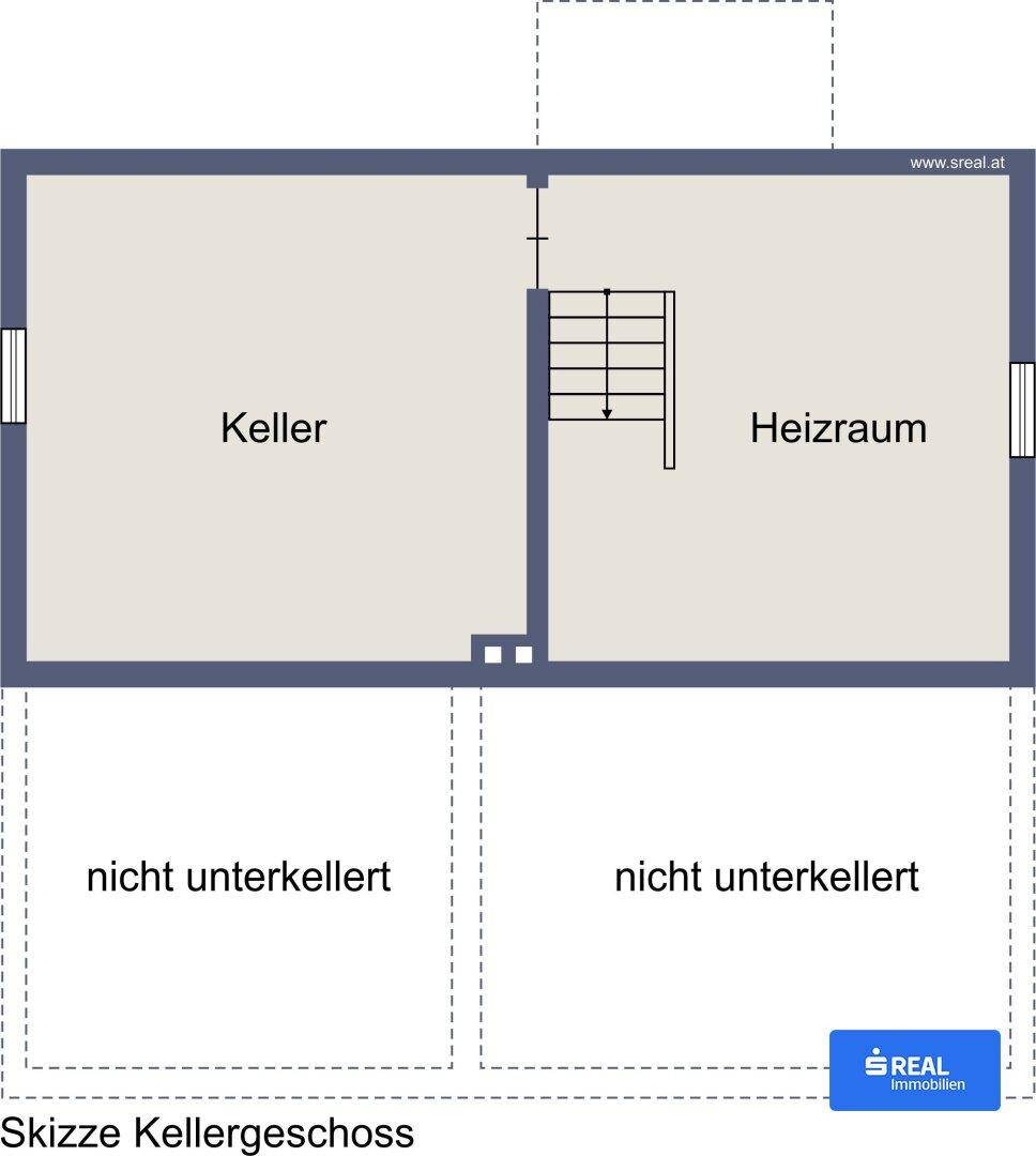 Grundriss des Kellergeschosses mit Kellerraum und Heizraum, teilweise nicht unterkellert.