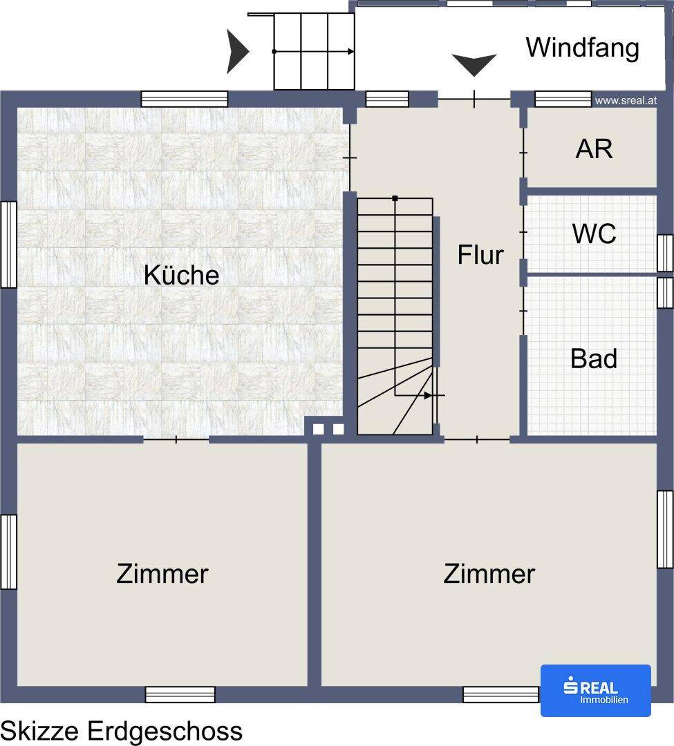 Grundriss des Erdgeschosses mit Küche, Bad, WC und zwei weiteren Zimmern.