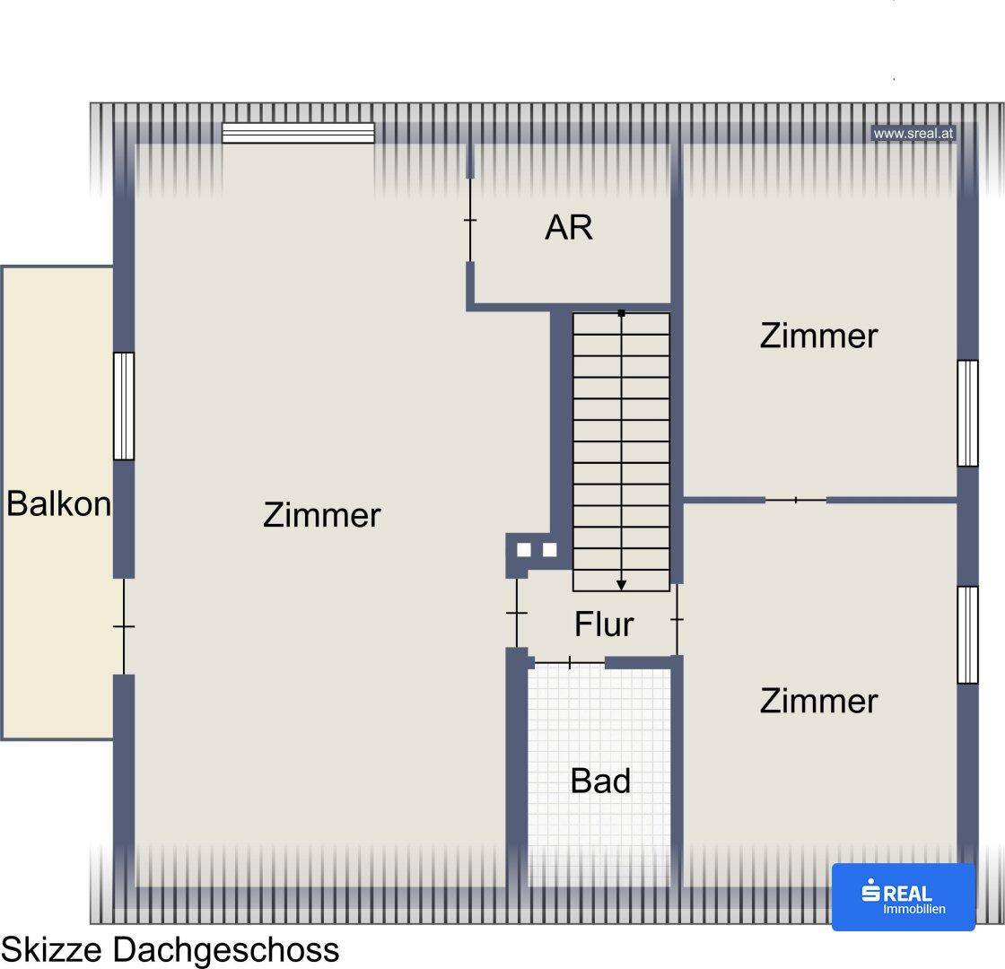 Grundriss des Dachgeschosses mit drei Zimmern, Bad, Flur und einem Balkon.