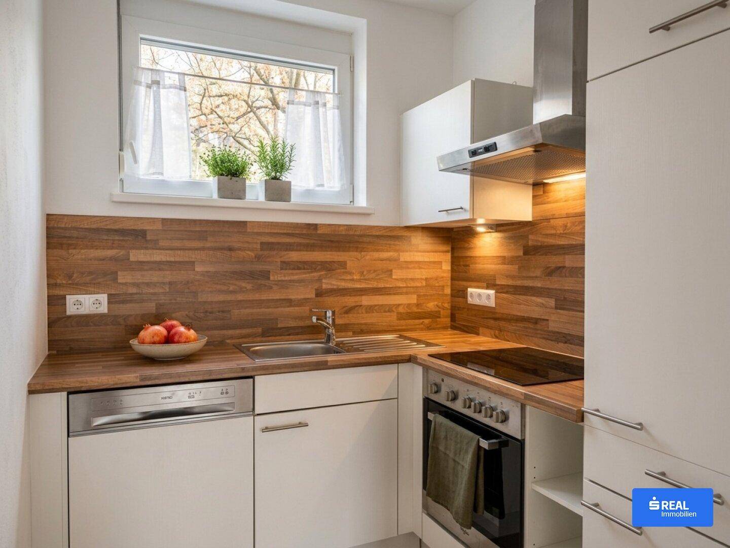 Detailansicht der modernen Küche mit Holz-Arbeitsplatte und integrierten Geräten.