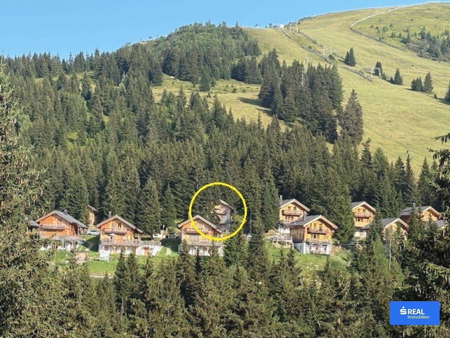 Panoramablick auf eine Gruppe von Holzchalets in einer bewaldeten Berglandschaft, eines davon markiert.