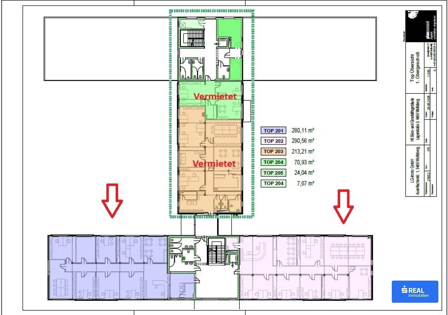 Grundrissplan eines Bürogebäudes mit mehreren Einheiten, inklusive Treppenhaus und Aufzug. Einige Einheiten sind als vermietet gekennzeichnet.