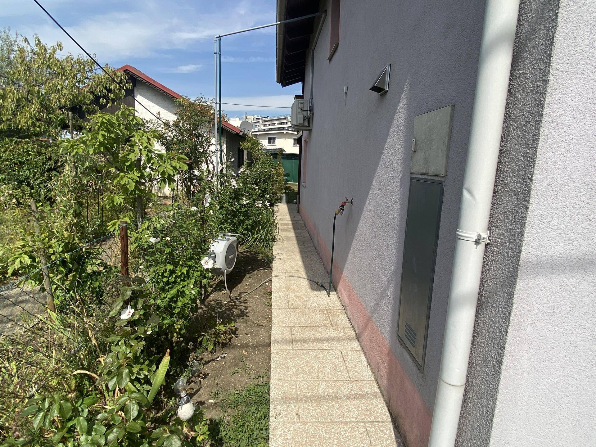 Schmaler gepflasterter Weg entlang der Hausseite mit üppiger Bepflanzung.