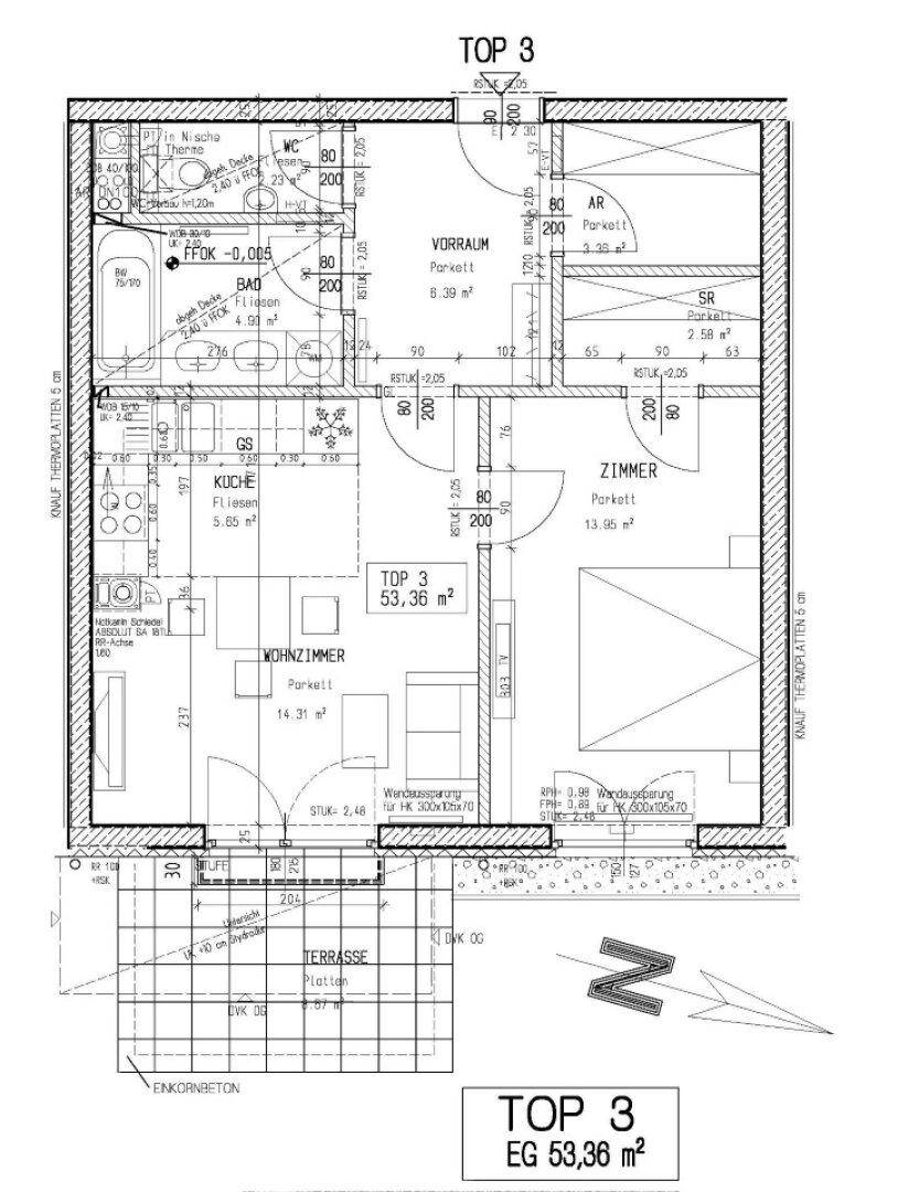 Grundriss der Wohnung TOP 3 mit Wohnzimmer, Küche, Schlafzimmer, Bad, WC und Terrasse.