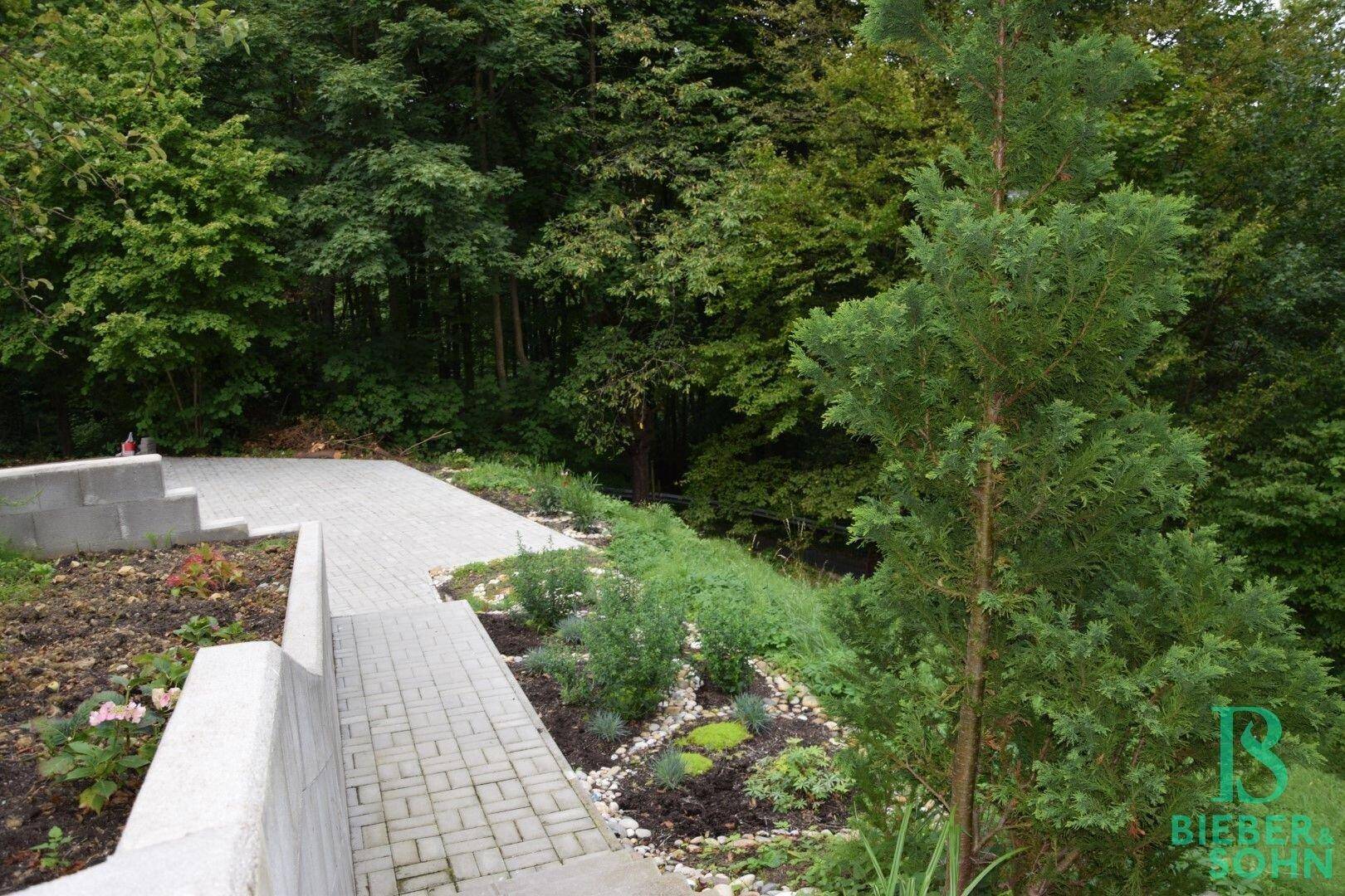 Gestalteter Gartenbereich mit Treppen, Pflanzen und Blick auf die bewaldete Umgebung.