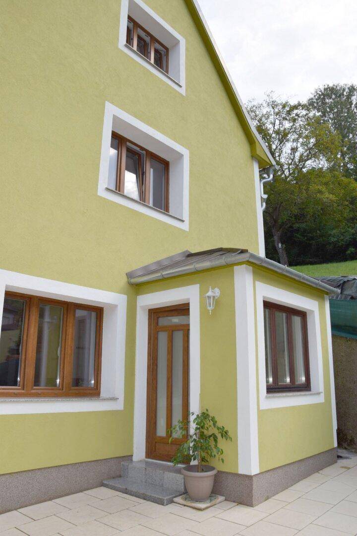 Eingangsbereich des Hauses mit grünem Anstrich, Holztür und Vordach.