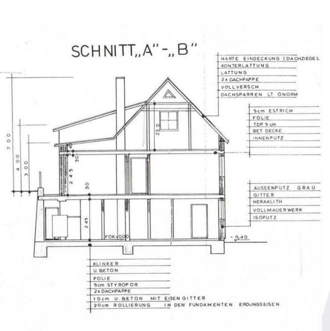 Schnittzeichnung des Gebäudes mit Details zur Konstruktion und den Stockwerken.