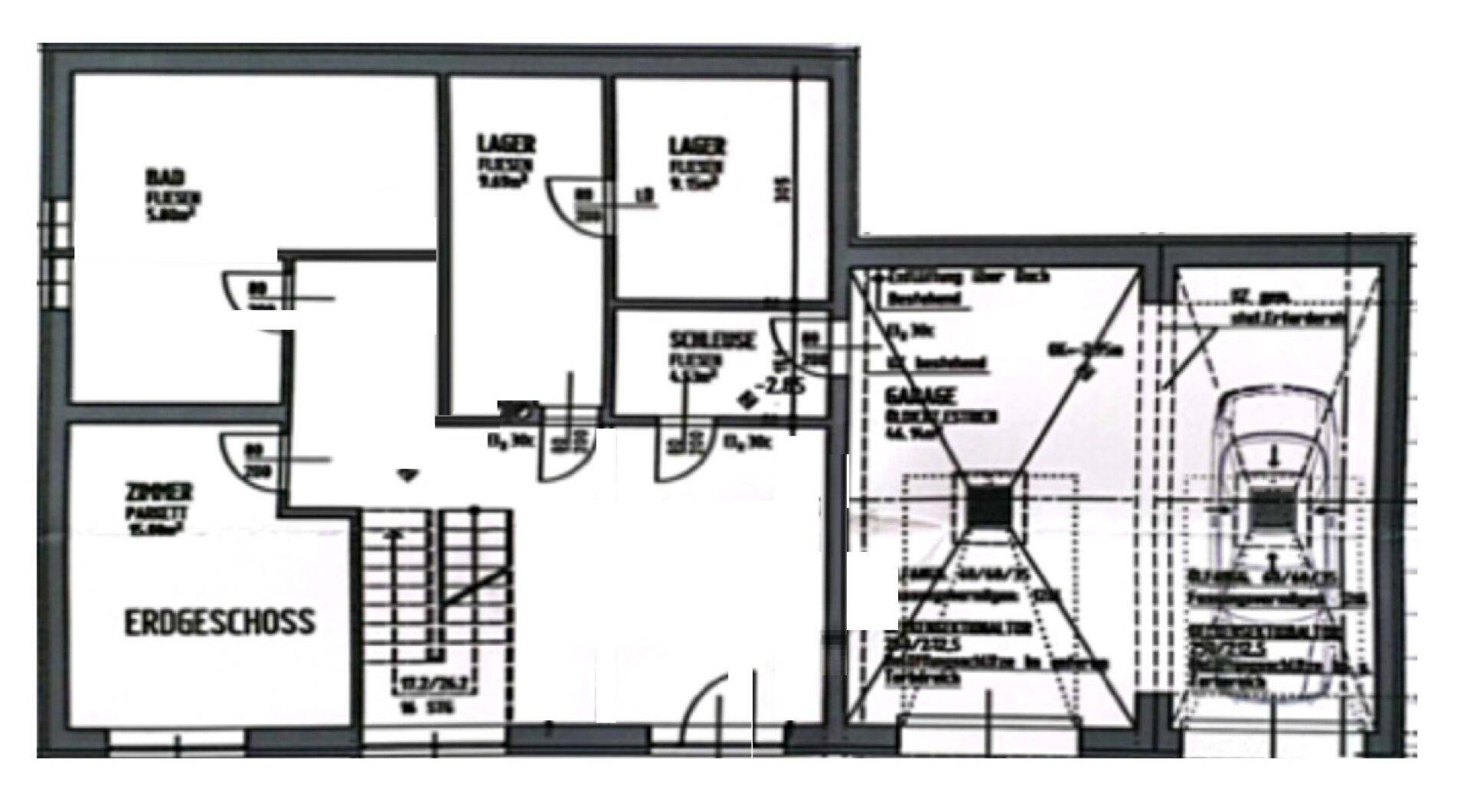 Grundriss des Kellergeschosses mit Lager, Bad und Garage.
