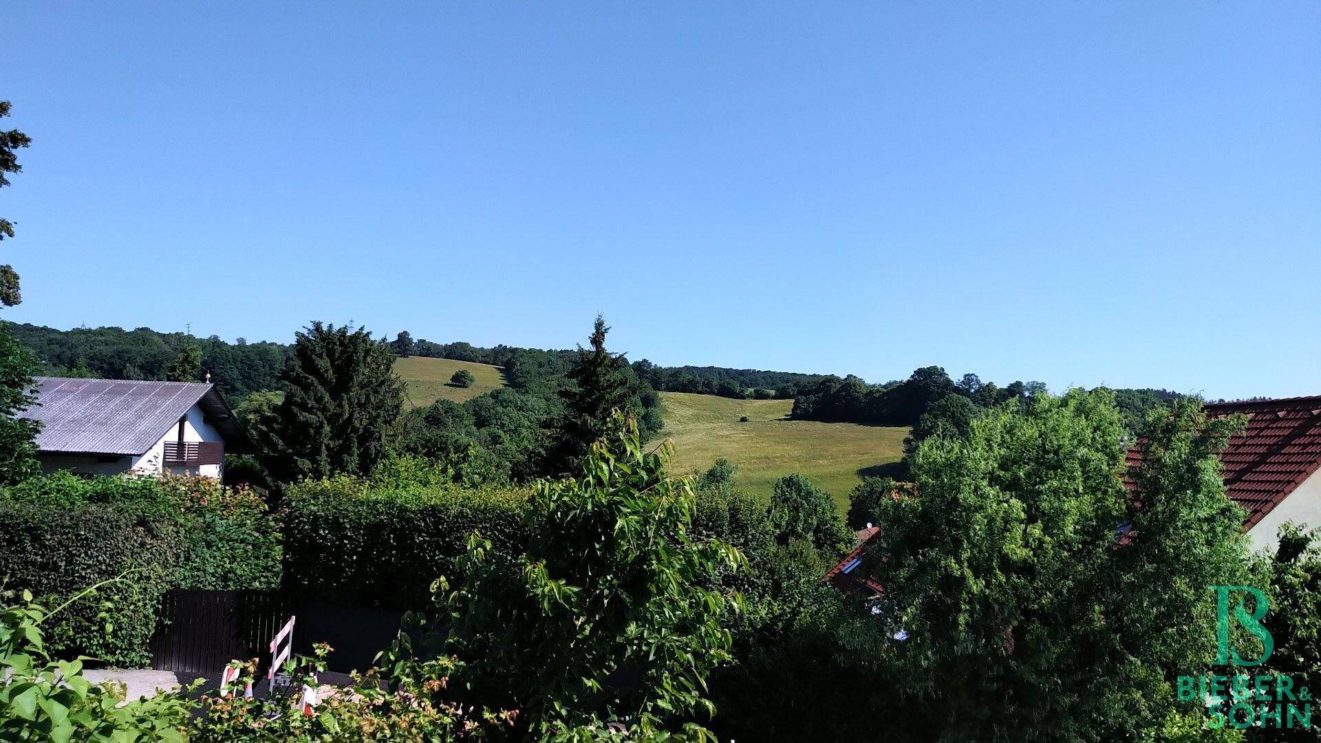 Weitläufiger Blick über die grüne Hügellandschaft und die umliegenden Häuser.
