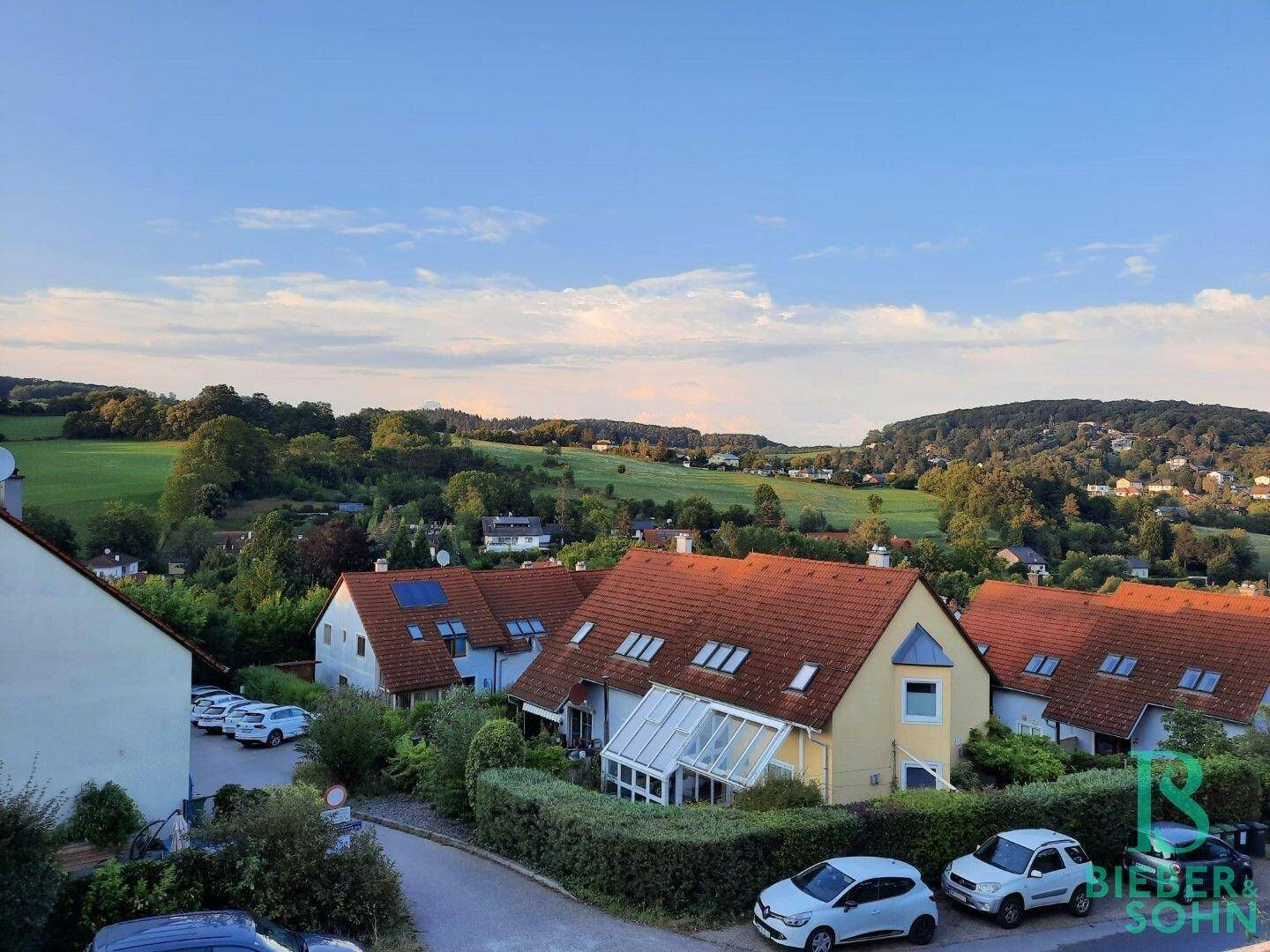 Panoramablick über die Dächer der Nachbarschaft und die umliegende grüne Landschaft.