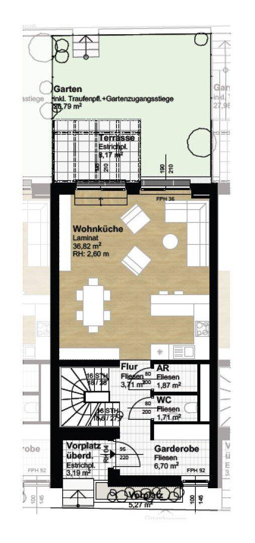 Grundriss des Erdgeschosses mit offener Wohnküche, Terrasse und direktem Gartenzugang.