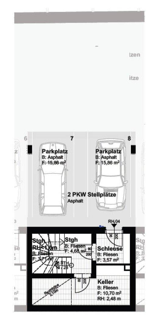 Grundriss des Untergeschosses mit zwei PKW-Stellplätzen und einem praktischen Kellerraum.