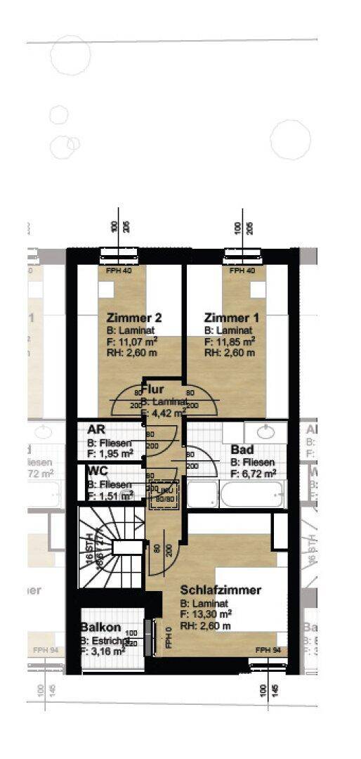 Grundriss des Obergeschosses mit Schlafzimmern, Badezimmer, separatem WC und Balkon.
