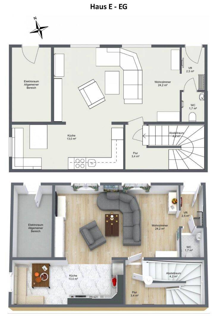 Grundriss des Erdgeschosses mit offenem Wohnbereich, Küche und WC.