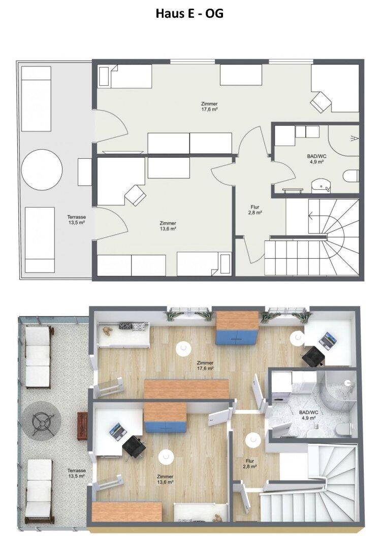 Grundriss des Obergeschosses mit zwei Zimmern, Bad/WC und einer Terrasse.