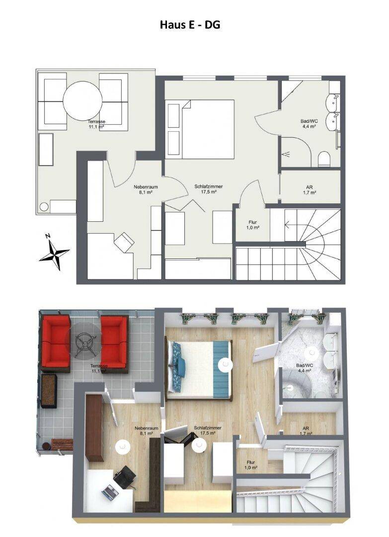 Grundriss des Dachgeschosses mit Schlafzimmer, Bad/WC und einer weiteren Terrasse.