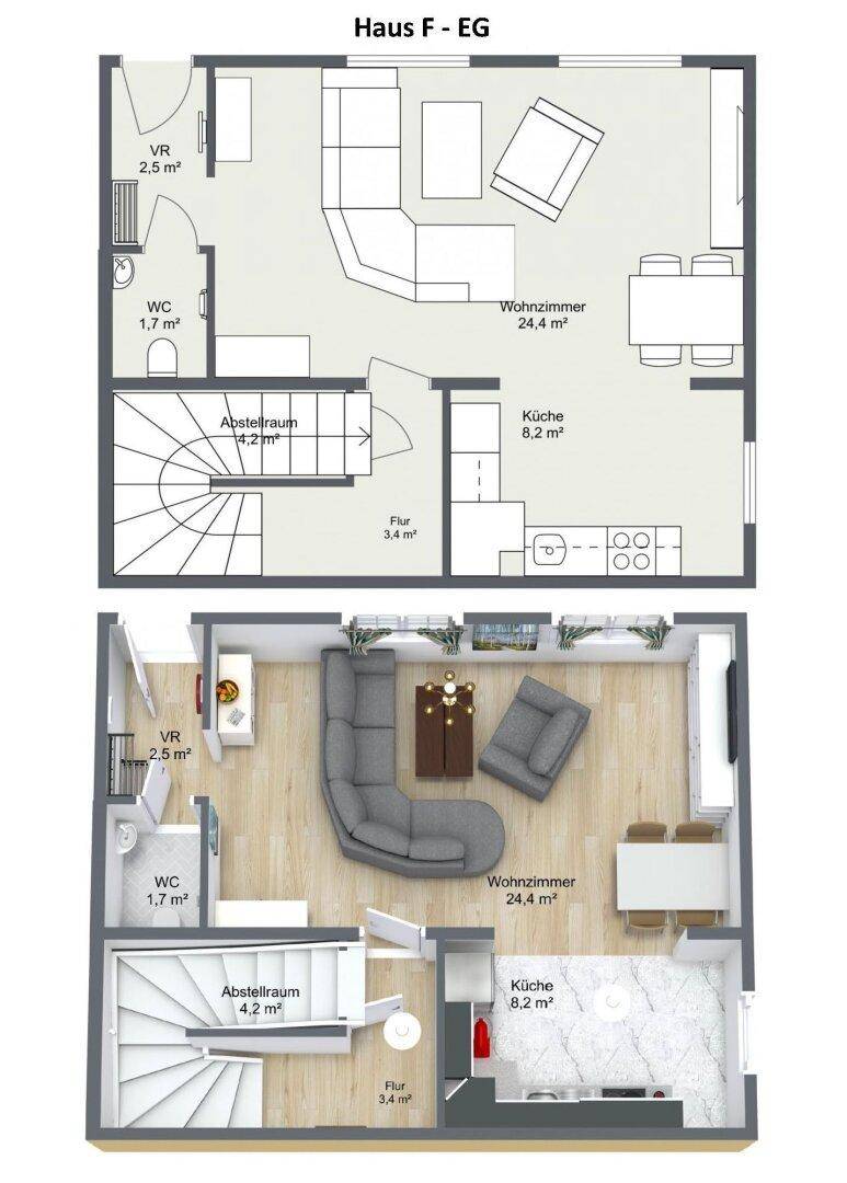 Grundriss des Erdgeschosses (Haus F - EG) mit Wohnzimmer, Küche, WC und Treppe.
