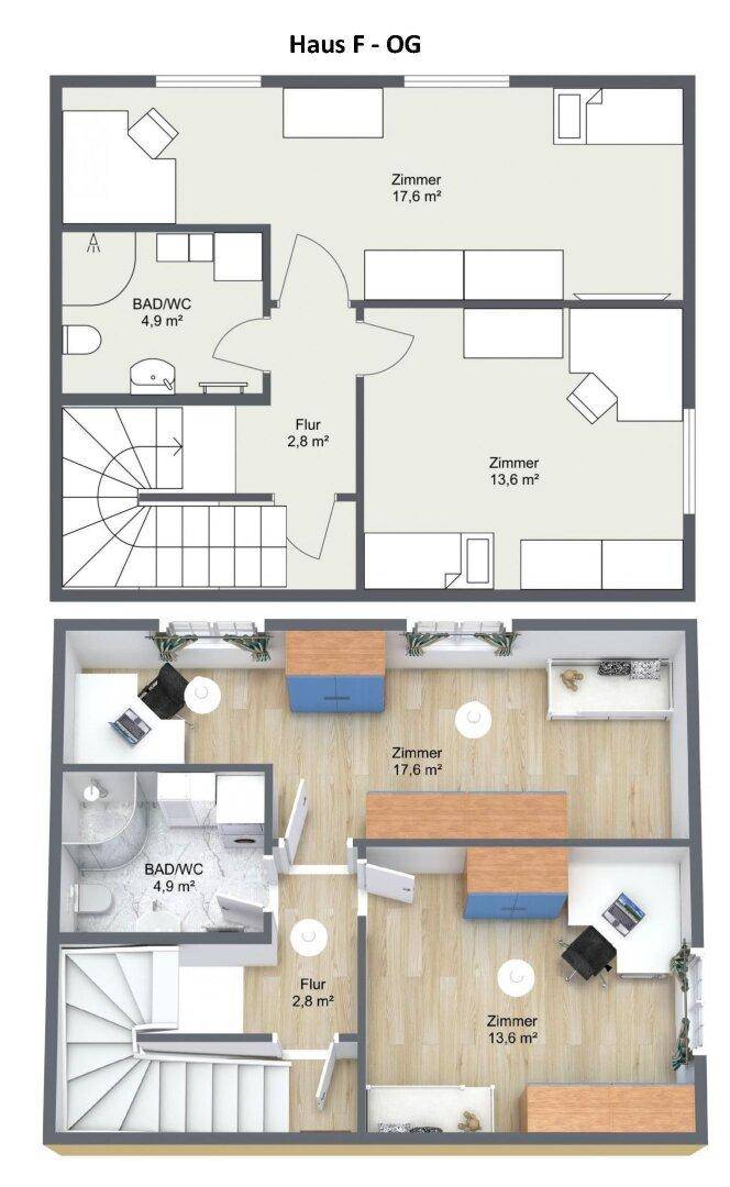Grundriss des Obergeschosses (Haus F - OG) mit zwei Zimmern, Bad/WC und Treppenaufgang.