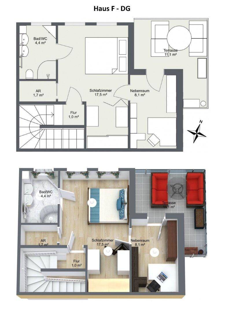 Grundriss des Dachgeschosses (Haus F - DG) mit Schlafzimmer, Bad/WC und großer Terrasse.