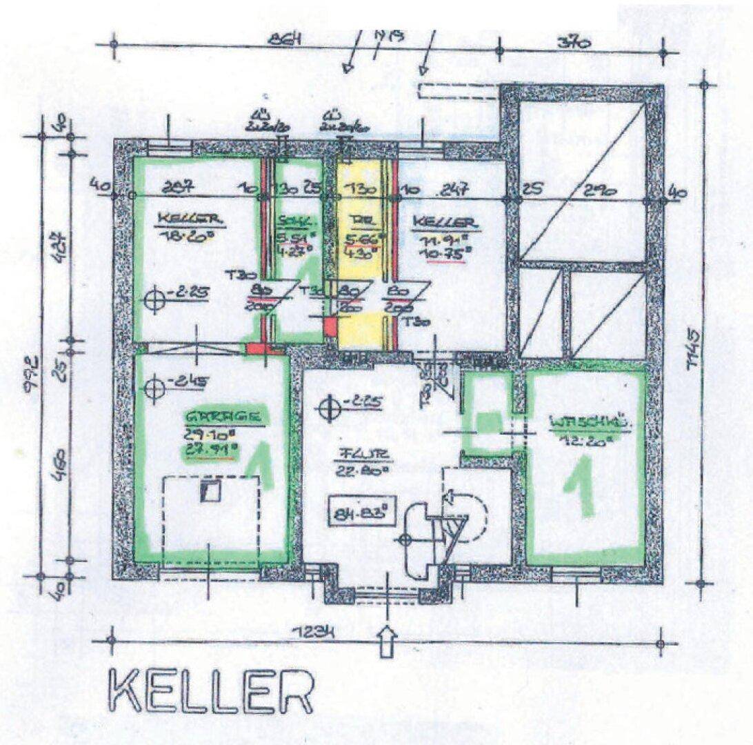 Grundriss des Kellers mit Garage, Waschküche und Abstellräumen.