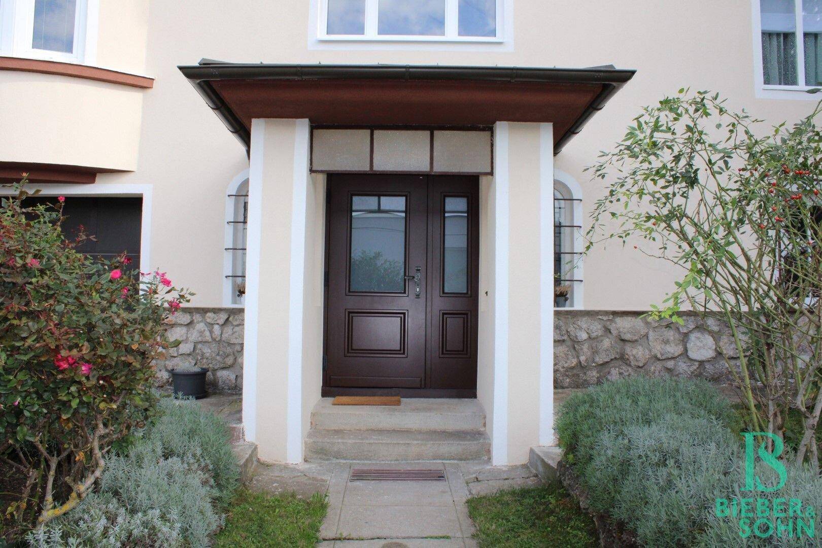 Haupteingangstür des Hauses mit Vordach und beidseitigen Pflanzen.
